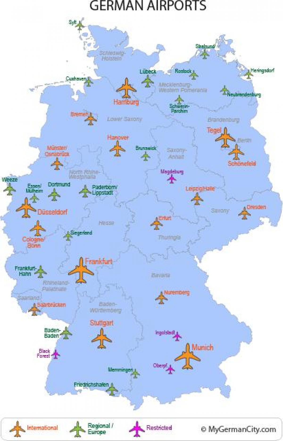 principais aeroportos na Alemanha mapa