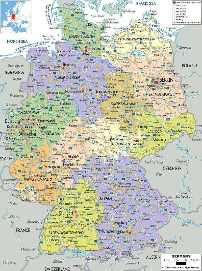 mapa de estradas da Alemanha com as cidades e vilas